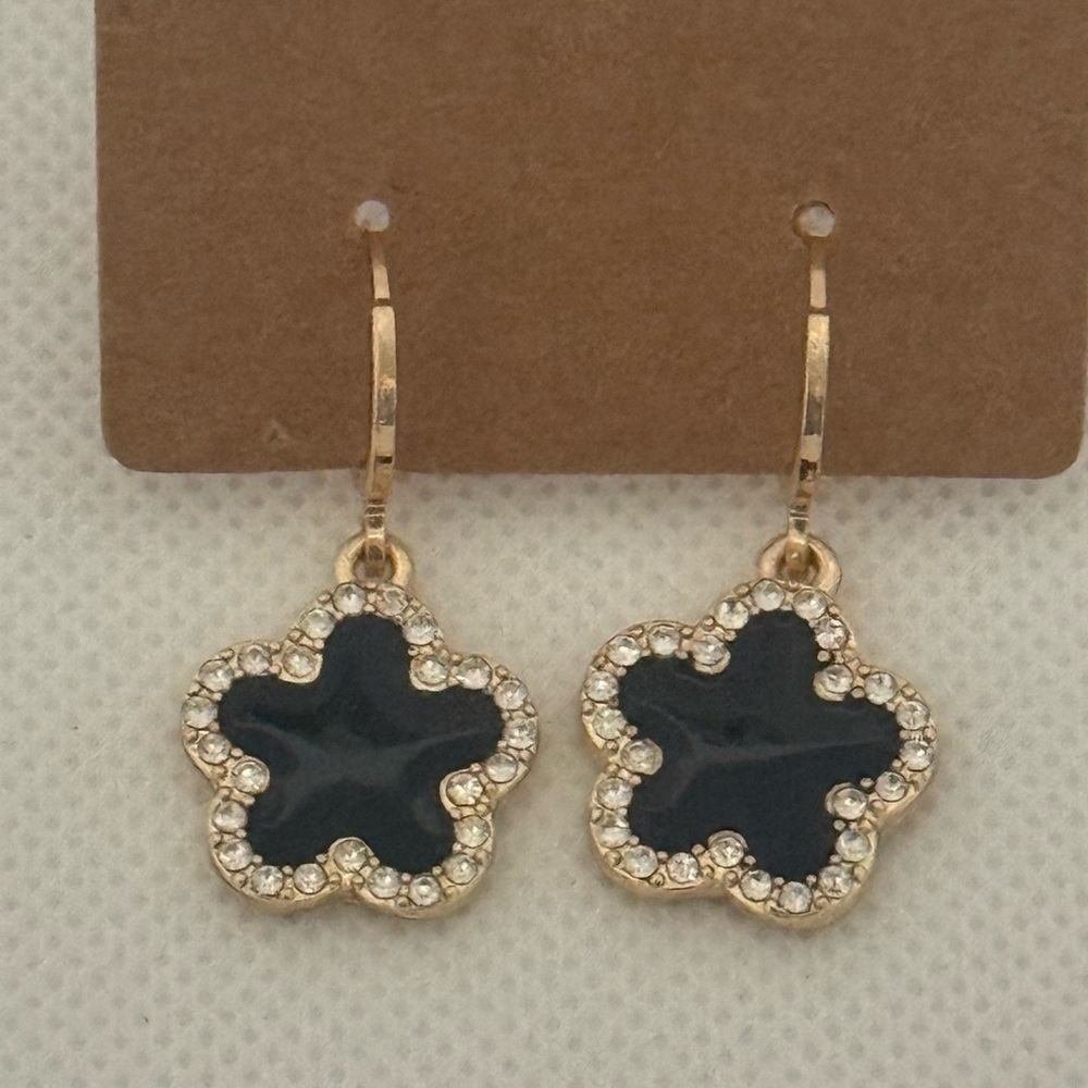 Gold & Black Flower Drop Earrings โ Elegant Dainty Sparkle โ NWT - Picture 2 of 4